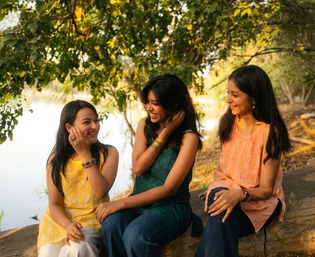 Three women sitting together by a lake with trees in the background